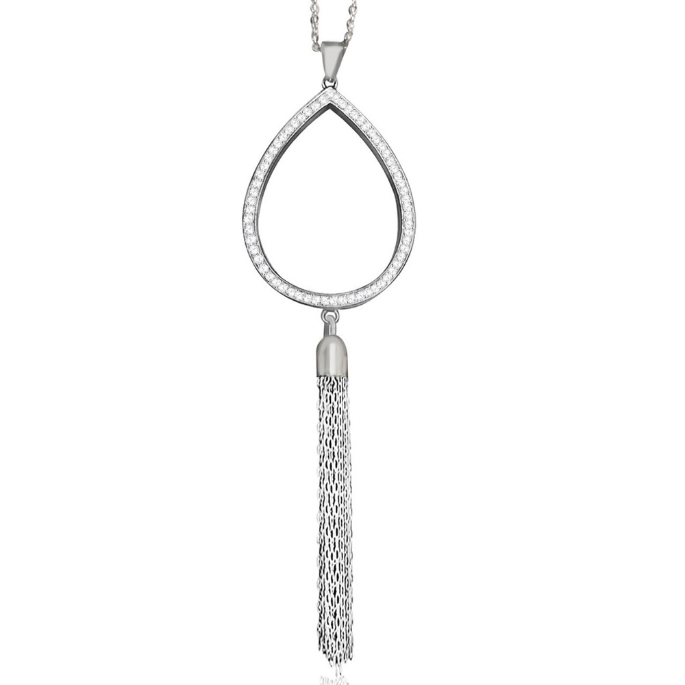 Swarovski Crystal Long Teardrop Tassel Necklace Sterling Silver